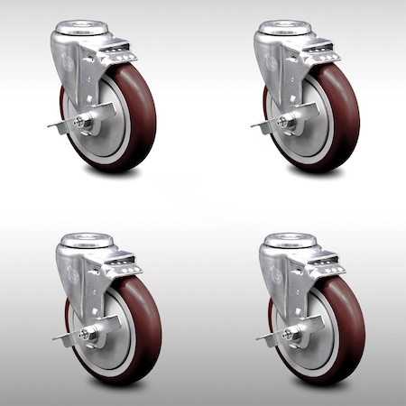 Service Caster 5 Inch SS Maroon Polyurethane Wheel Swivel Bolt Hole Caster Set with Brake SCC SCC-SSBH20S514-PPUB-MRN-TLB-4